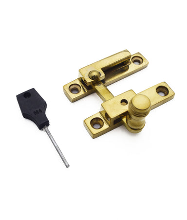 Unlacquered Polished Brass Bun Reeded Locking Quadrant Sash Fastener