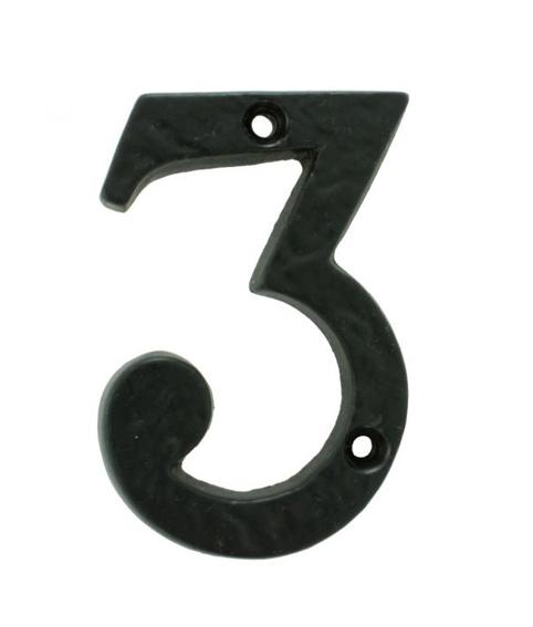 Black Wrought Iron Numeral 3, Front Fix