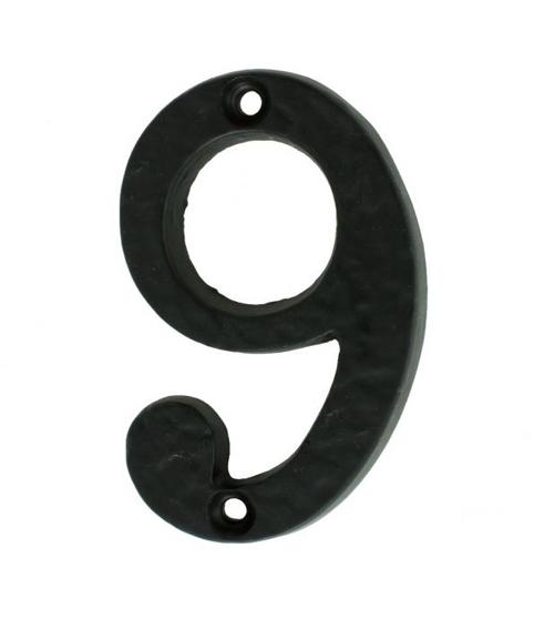 Black Wrought Iron Numeral 9, Front Fix