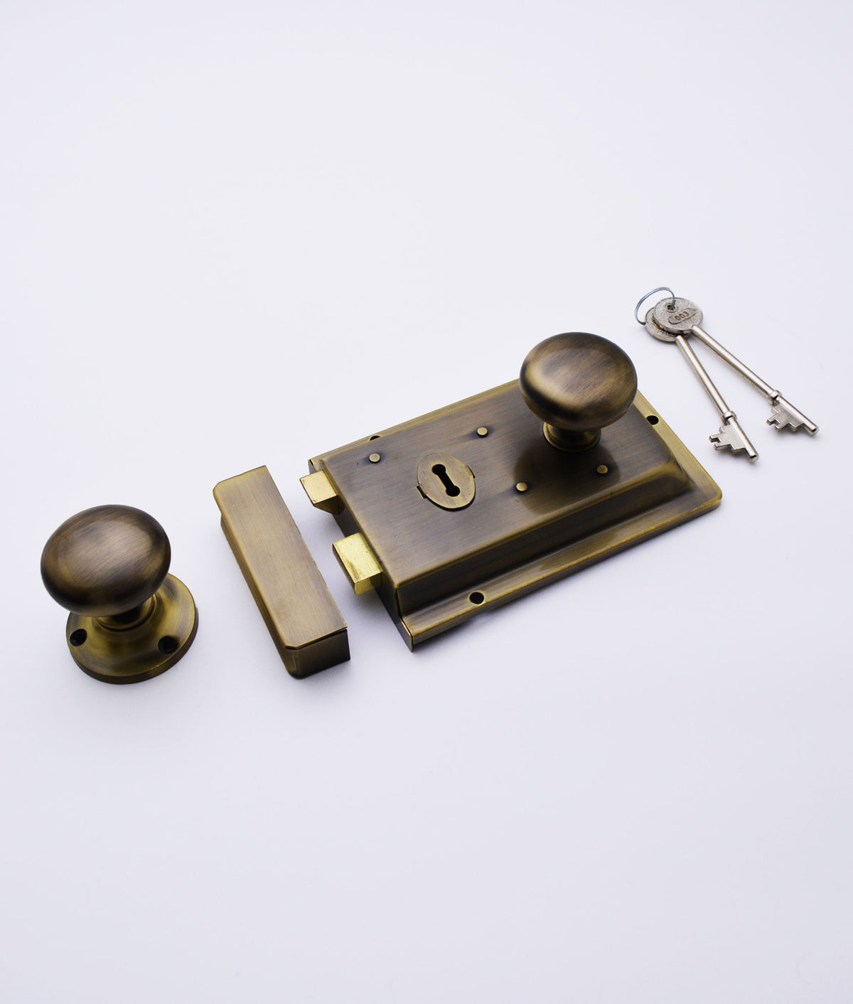 Traditional Box Rim Lock c/w 52mm Plain Bun Knob Set | A&H Brass