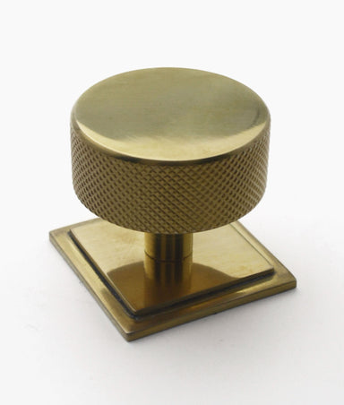 Unlacquered Polished Brass Banff Knurled Cabinet Knob on Square Plate