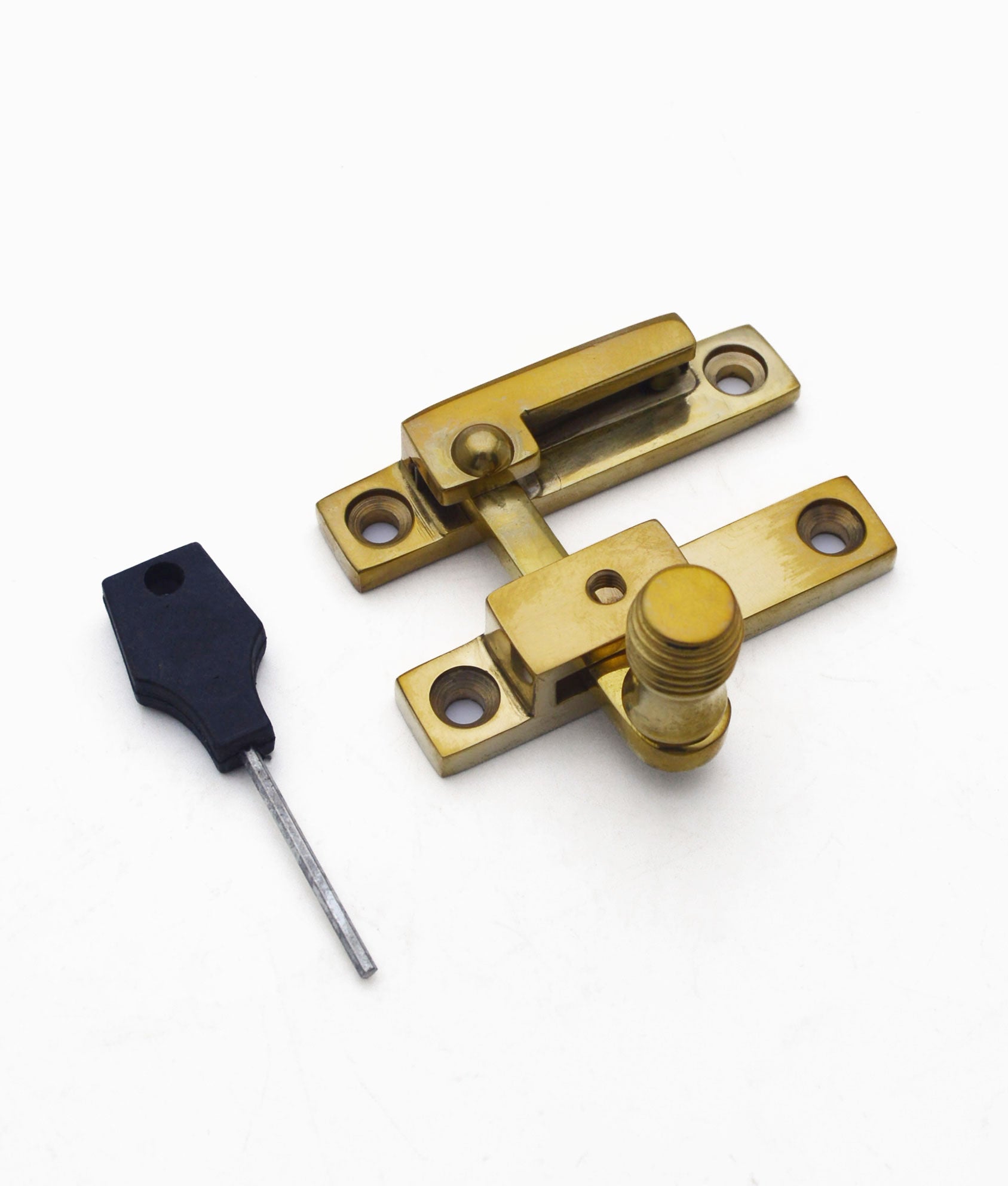 Unlacquered Polished Brass Bun Queen Anne Locking Quadrant Sash Fastener