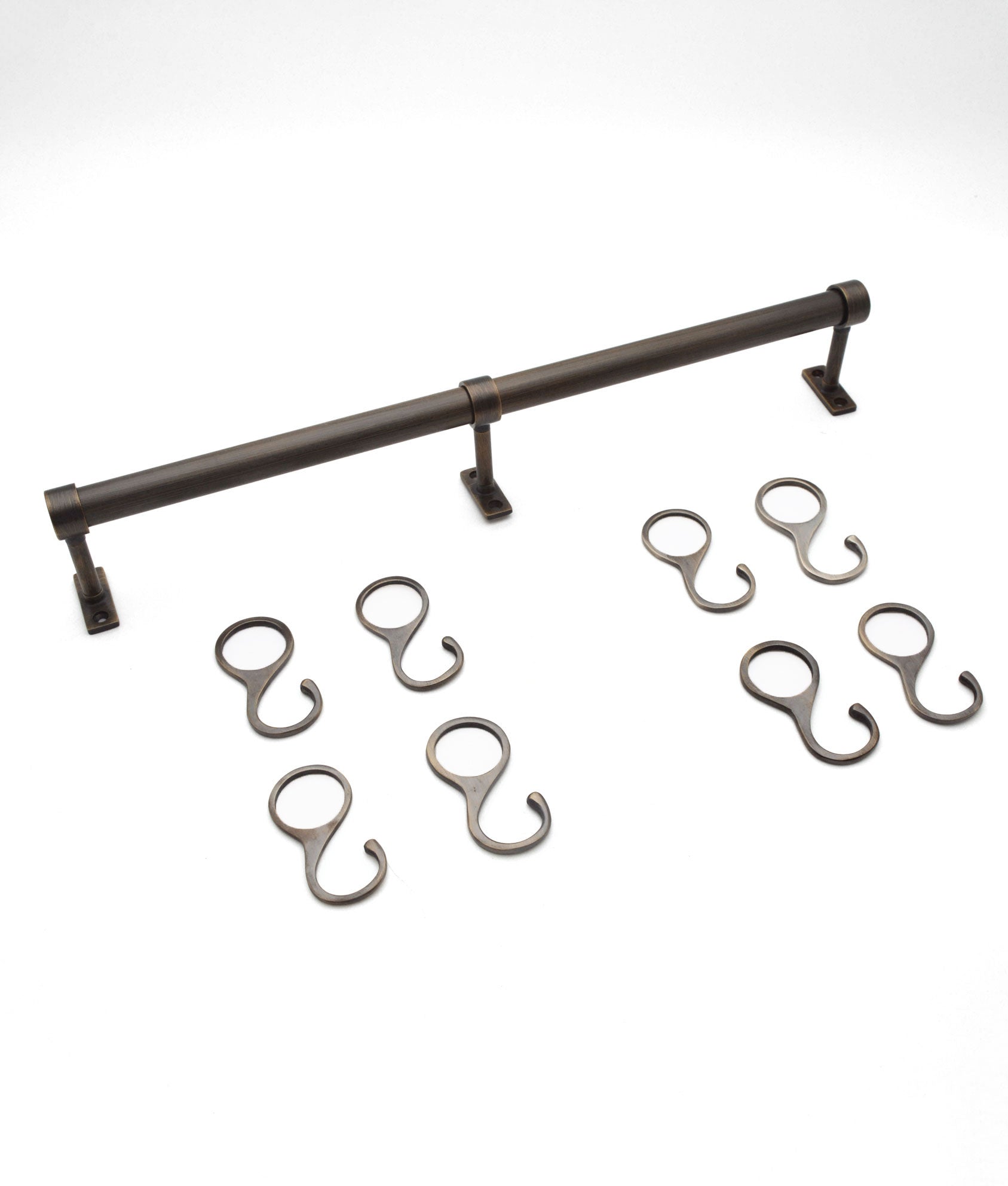 Solid Brass Pot & Kitchen Utensil Rail c/w 2xEnds, 1xCentre & 8xHooks - 19mm Rail