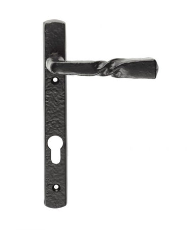 Black Wrought Iron Lever Handle on Narrow Plate for Multipoint Locks - 92mm Centres