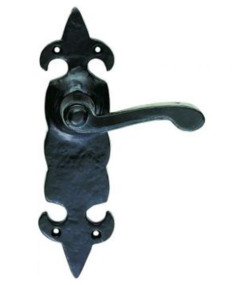 Black Wrought Iron Fleur Lever Latch on Plate