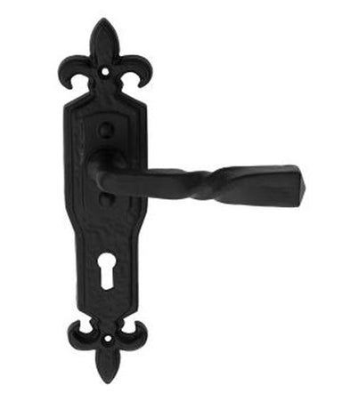 Black Wrought Iron Fleur Twist Lever Lock on Plate