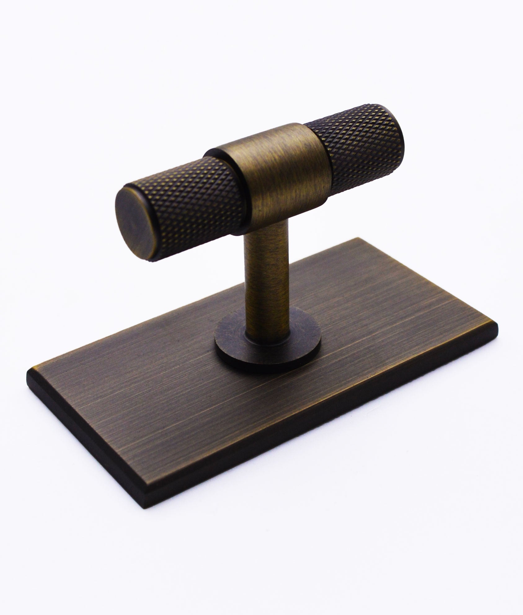Tabletop Handle Wilton Knurled T-Bar Cabinet Handle on Rectangular Plate I A&H Brass